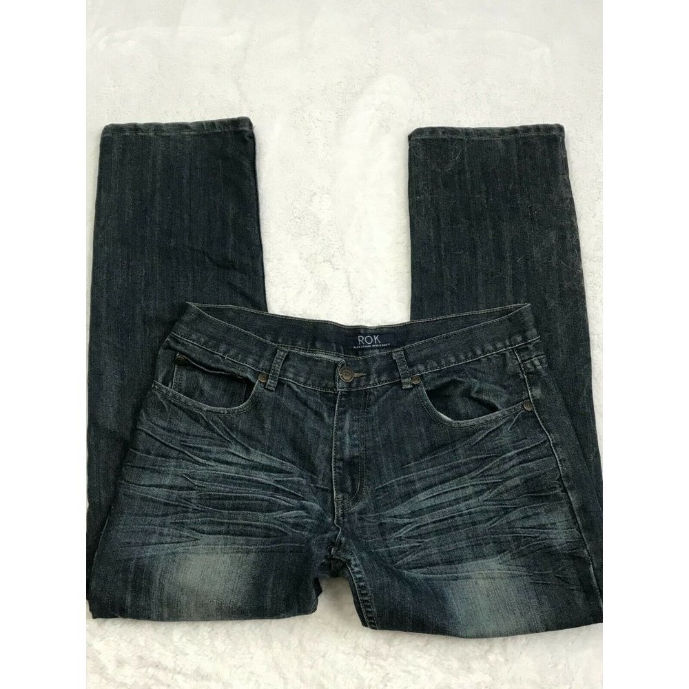 ROK Mens Denim Workshop Straight Jeans Faux Leathe